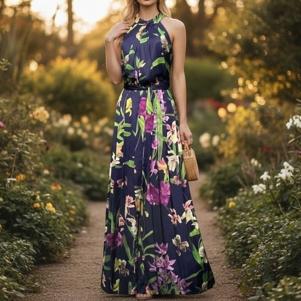 Karen Millen Atelier Pants Jumpsuit 8 Navy Purple Floral Halter Wide Leg 4055 - Picture 1 of 9